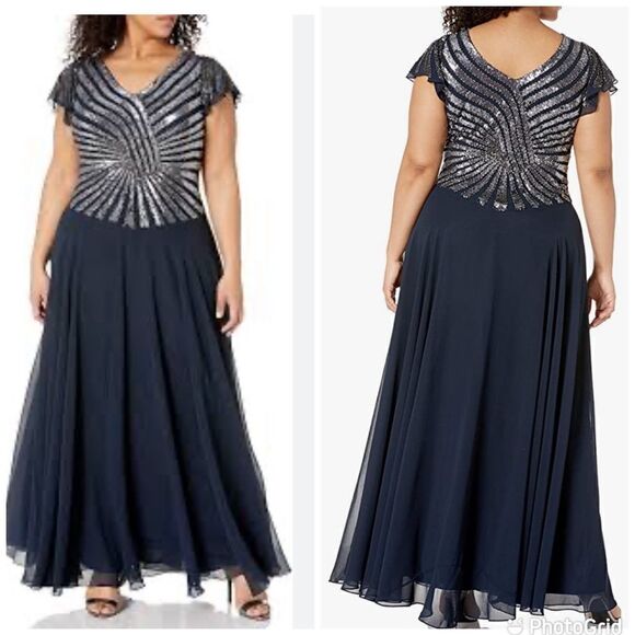 NWT J Kara Women's Plus Size Beaded Maxi Navy Mercury Dress Sz- 16P - Picture 1 of 15